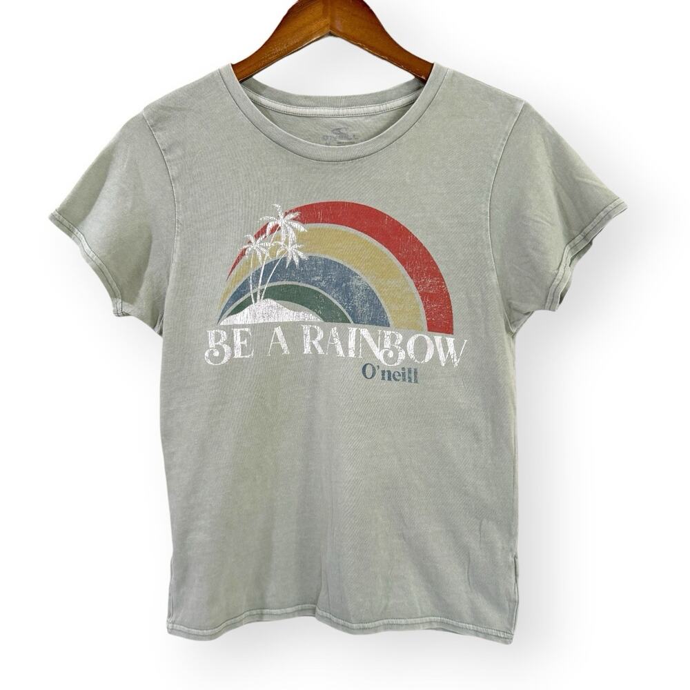 O’Neill Sage Green Be A Rainbow Graphic Tee Women’s M Short Sleeve Garment Dyed